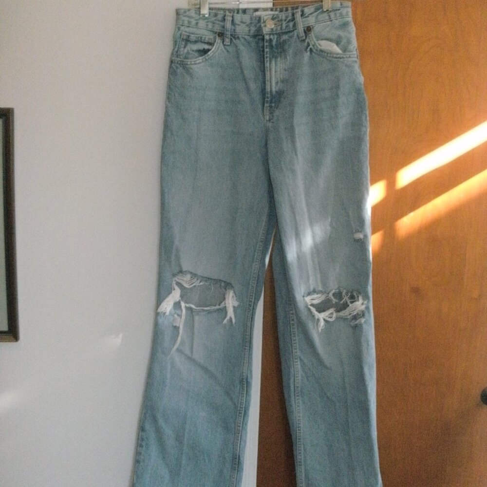 ZARA Blue Jeans Light Wash Distressed Flared High Rise Frayed Hem Cotton size 4